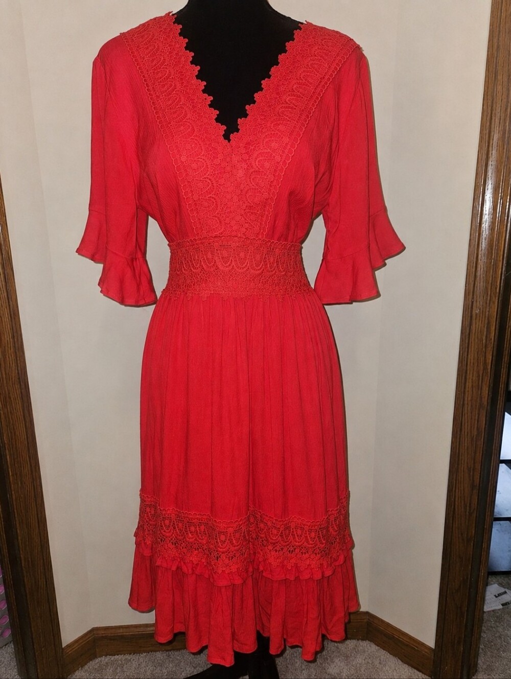Papillon Blanc Coral Red Lace-Trim Midi Dress